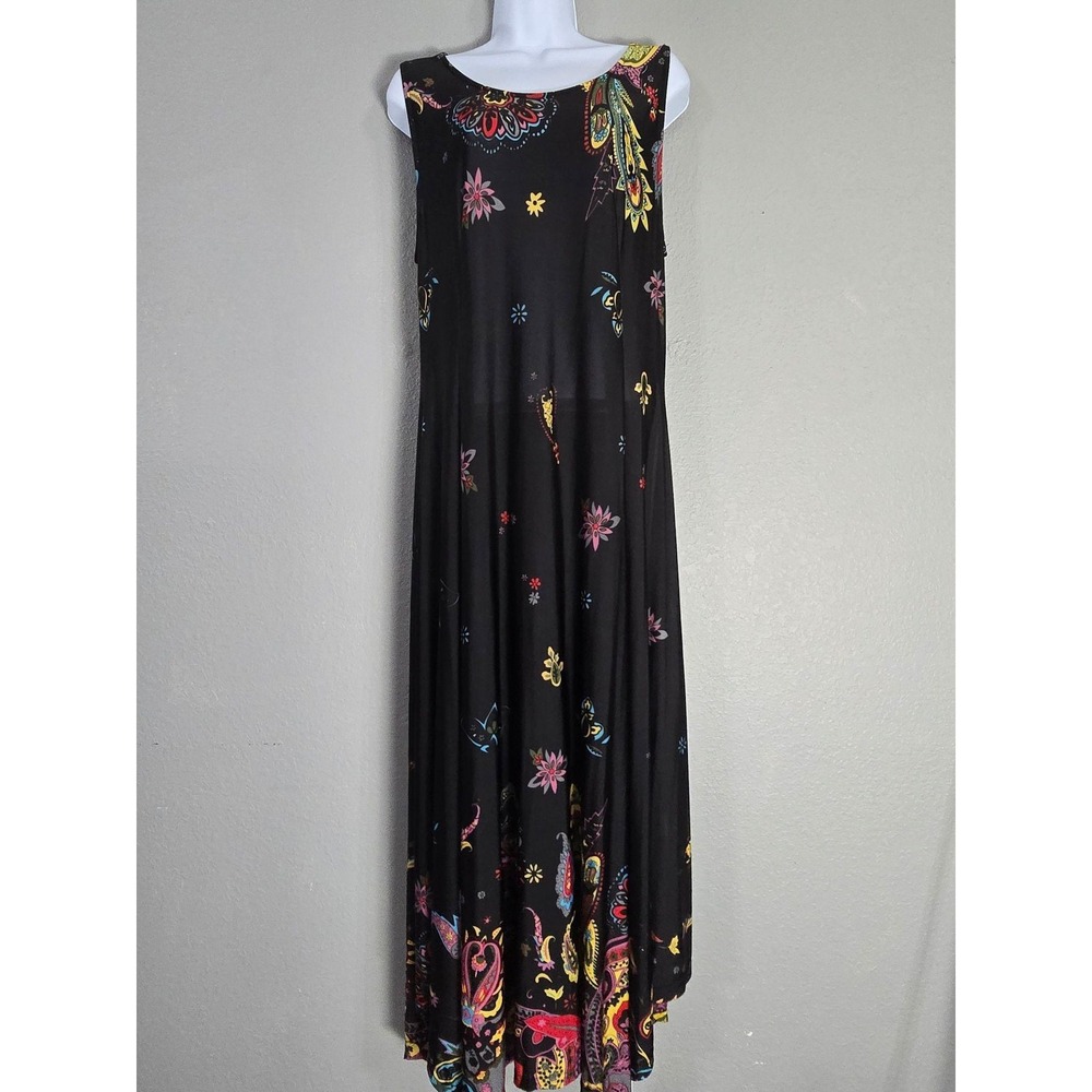 Ice Silk Dress Womens XXL Black Paisley Maxi Sleeveless Scoop Neck Boho Stretch
